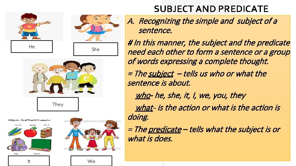 SUBJECT AND PREDICATE He She They It We A. Recognizing the simple and subject