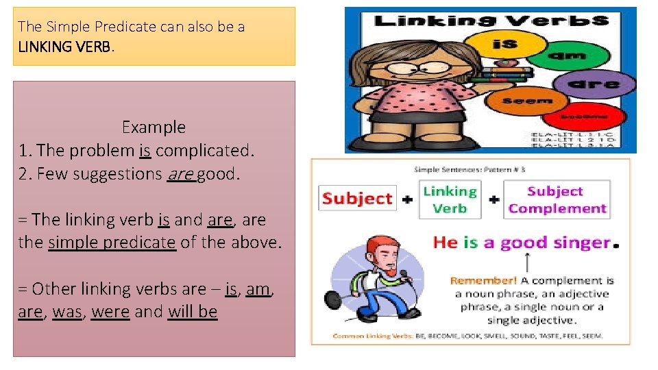 The Simple Predicate can also be a LINKING VERB. Example 1. The problem is