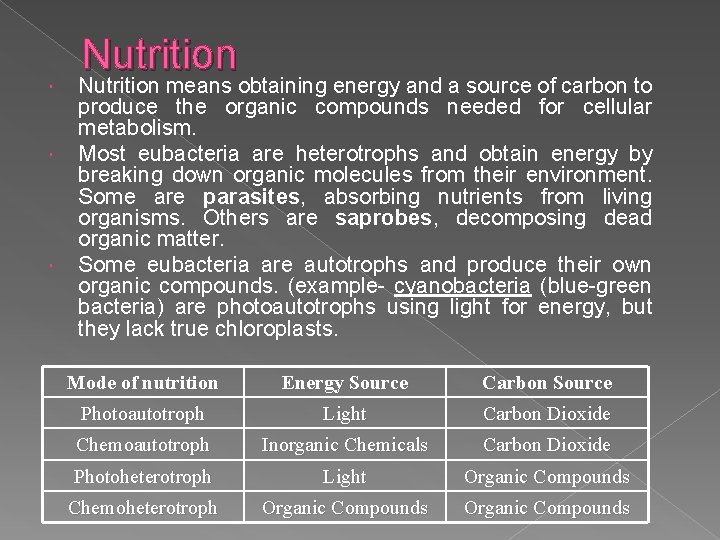  Nutrition means obtaining energy and a source of carbon to produce the organic