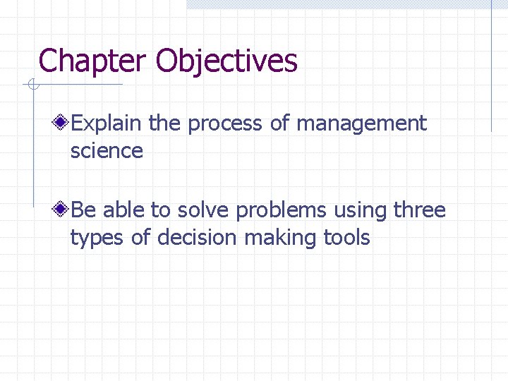 Chapter Objectives Explain the process of management science Be able to solve problems using