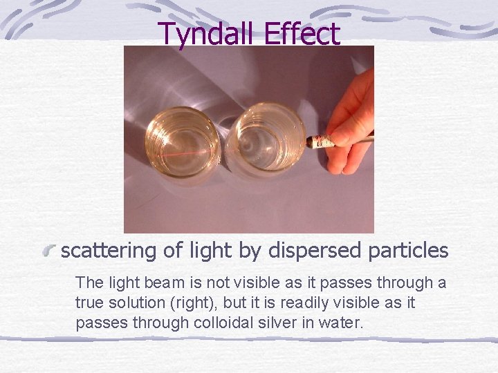 Tyndall Effect scattering of light by dispersed particles The light beam is not visible