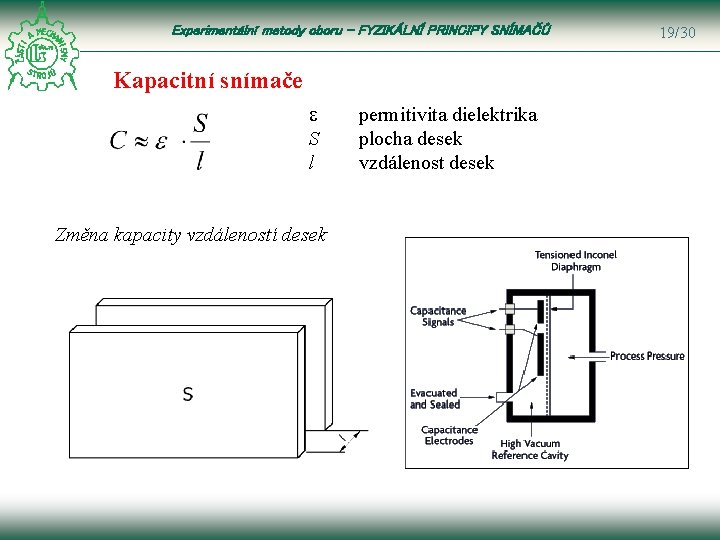 Experimentální metody oboru – FYZIKÁLNÍ PRINCIPY SNÍMAČŮ Kapacitní snímače e S l Změna kapacity