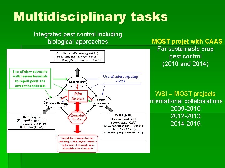 Multidisciplinary tasks Integrated pest control including biological approaches MOST projet with CAAS For sustainable