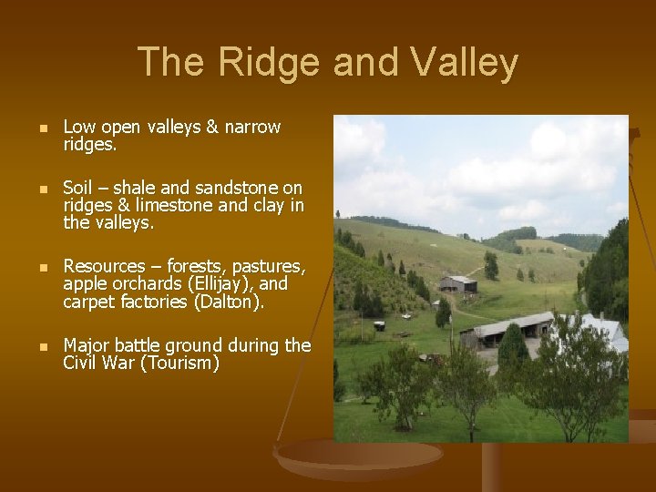 The Ridge and Valley n n Low open valleys & narrow ridges. Soil –
