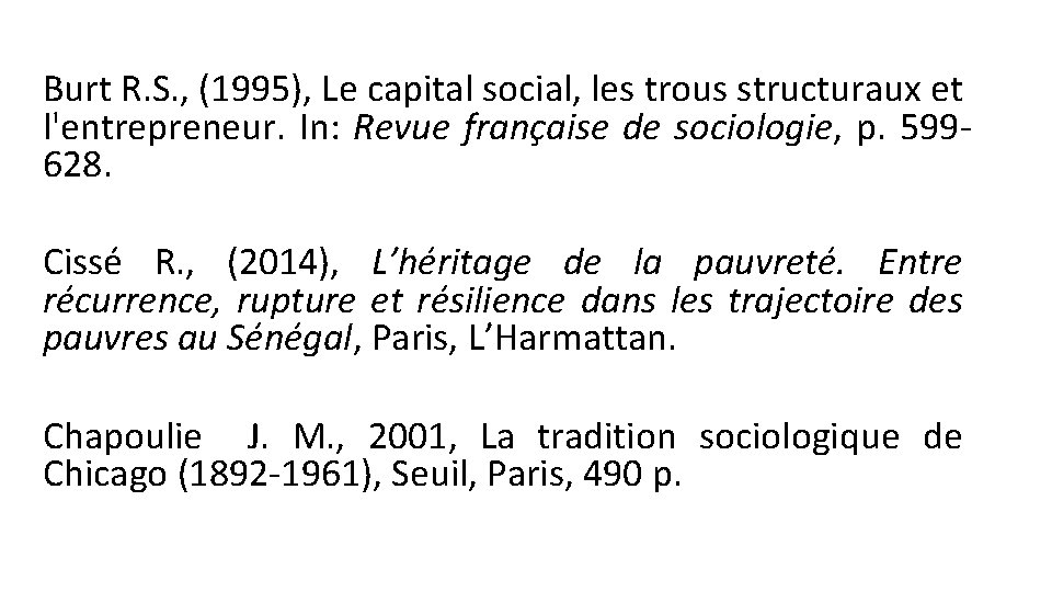 Burt R. S. , (1995), Le capital social, les trous structuraux et l'entrepreneur. In: