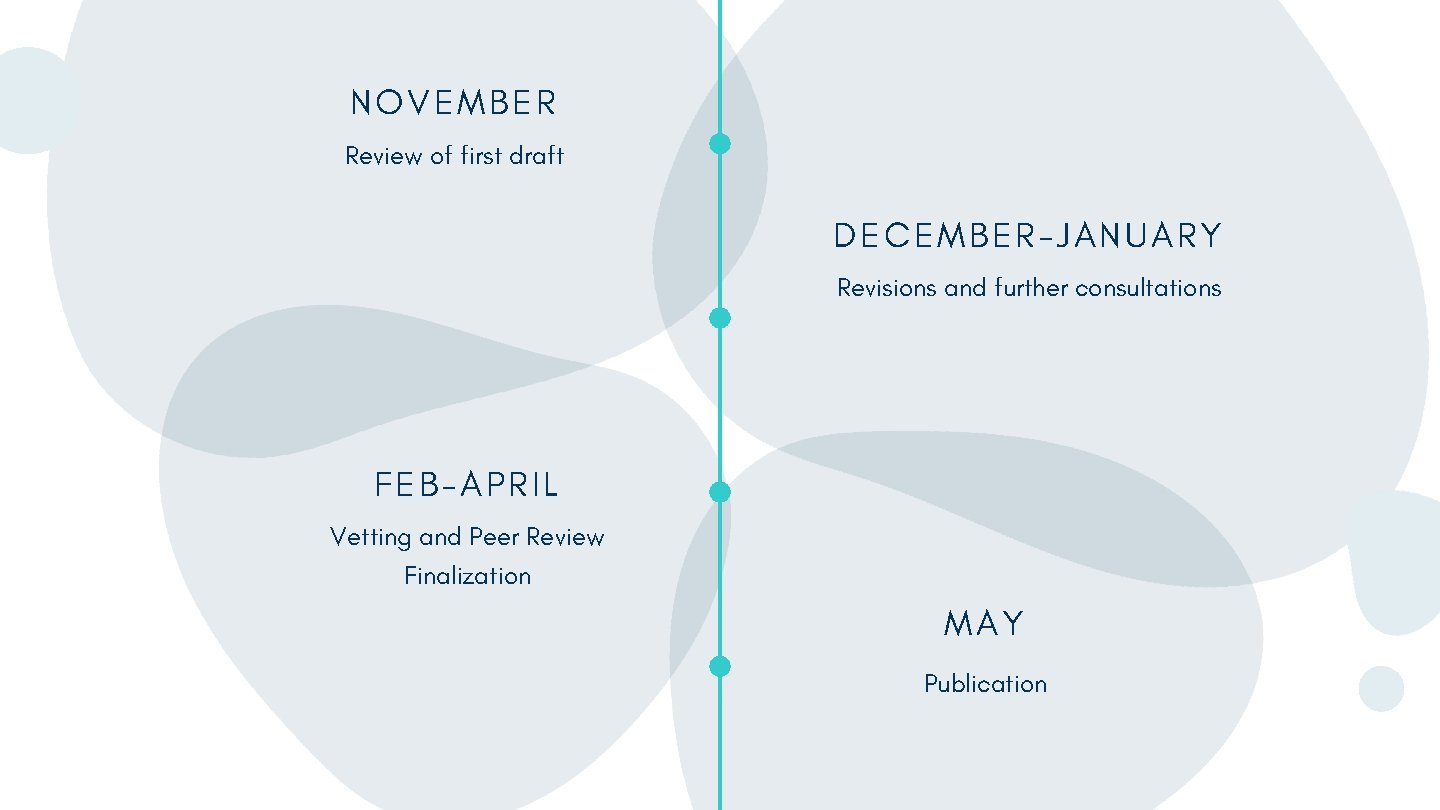 NOVEMBER Review of first draft DECEMBER-JANUARY Revisions and further consultations FEB-APRIL Vetting and Peer