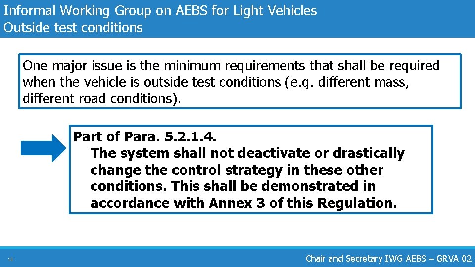 Informal Working Group on AEBS for Light Vehicles Outside test conditions One major issue