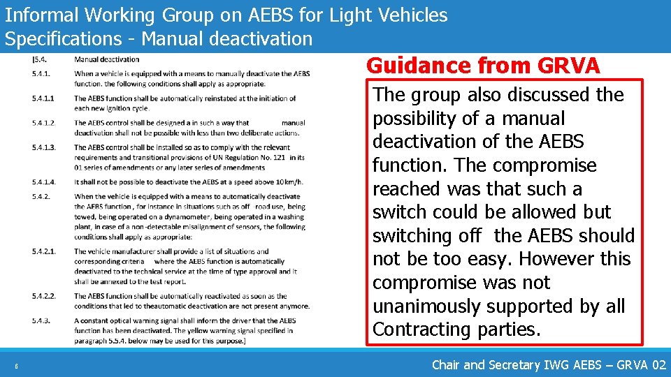 Informal Working Group on AEBS for Light Vehicles Specifications - Manual deactivation Guidance from