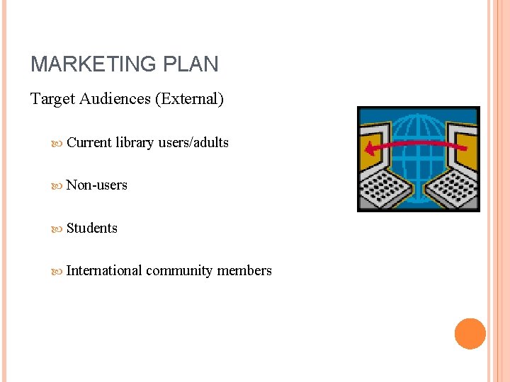 MARKETING PLAN Target Audiences (External) Current library users/adults Non-users Students International community members 