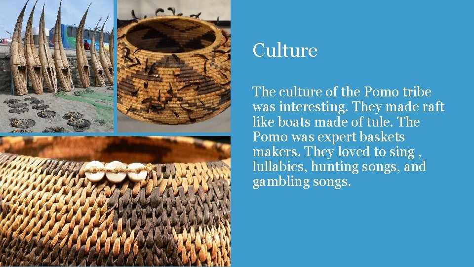 Culture The culture of the Pomo tribe was interesting. They made raft like boats