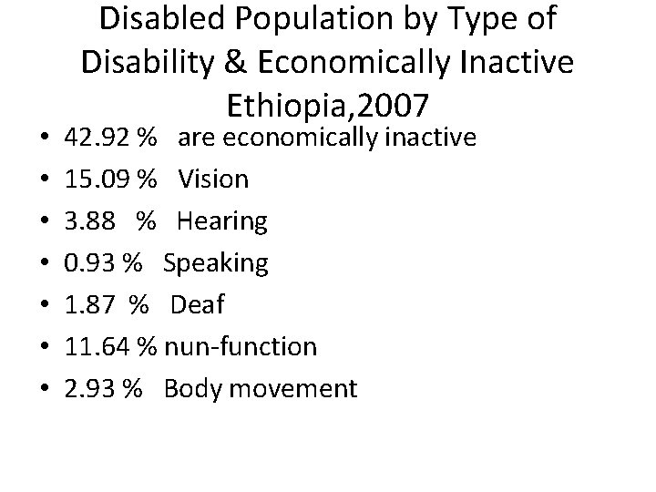  • • Disabled Population by Type of Disability & Economically Inactive Ethiopia, 2007