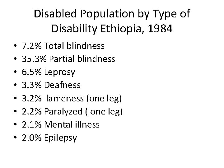 Disabled Population by Type of Disability Ethiopia, 1984 • • 7. 2% Total blindness
