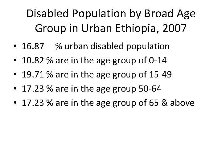 Disabled Population by Broad Age Group in Urban Ethiopia, 2007 • • • 16.