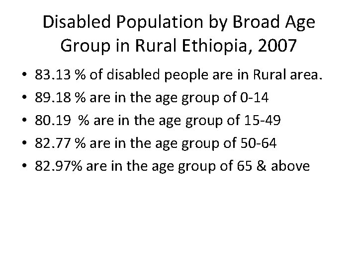 Disabled Population by Broad Age Group in Rural Ethiopia, 2007 • • • 83.