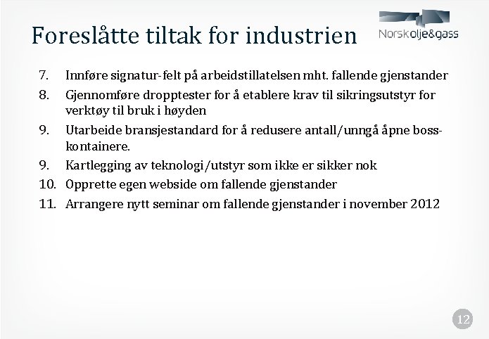 Foreslåtte tiltak for industrien 7. 8. Innføre signatur-felt på arbeidstillatelsen mht. fallende gjenstander Gjennomføre