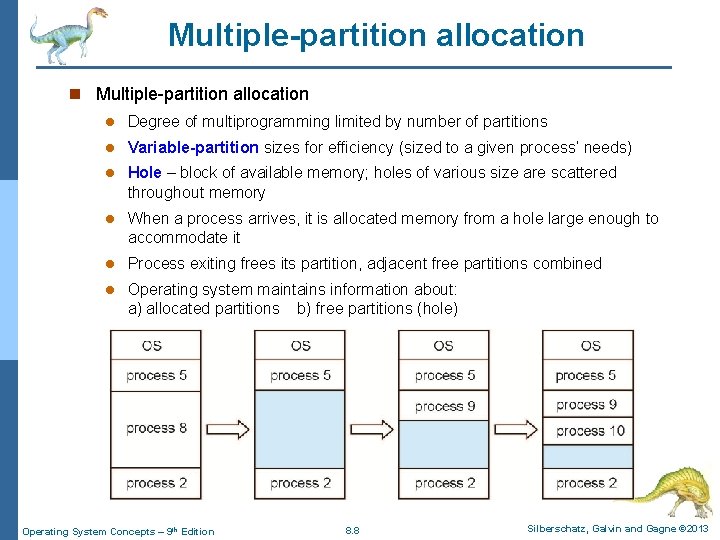 Multiple-partition allocation n Multiple-partition allocation l Degree of multiprogramming limited by number of partitions