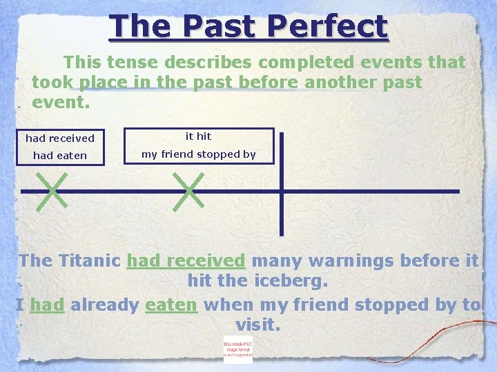 The Past Perfect This tense describes completed events that took place in the past