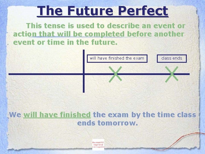 The Future Perfect This tense is used to describe an event or action that