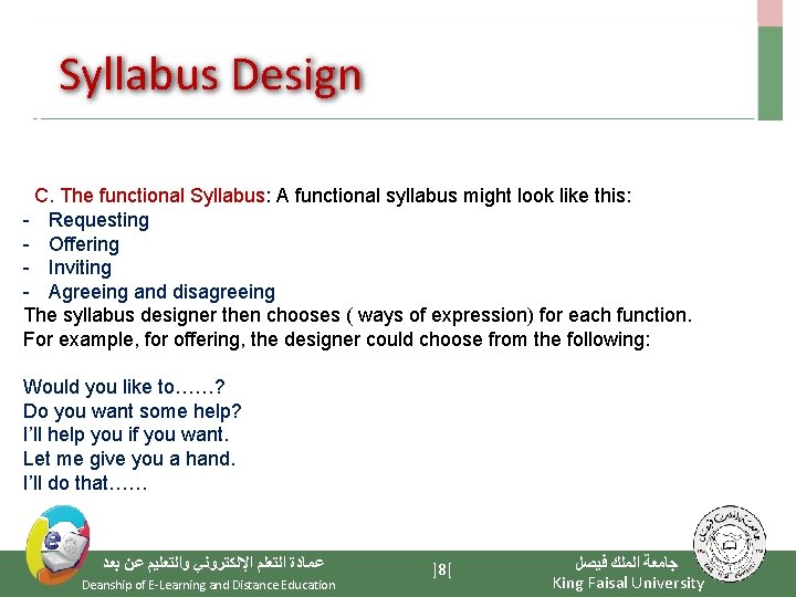 Syllabus Design C. The functional Syllabus: A functional syllabus might look like this: -