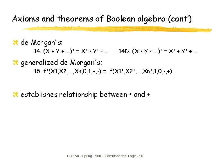 Axioms and theorems of Boolean algebra (cont’) z de Morgan's: 14. (X + Y