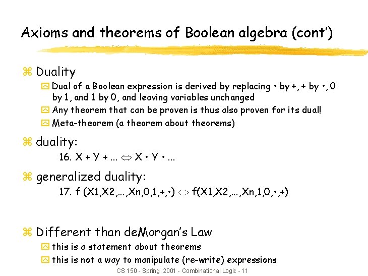 Axioms and theorems of Boolean algebra (cont’) z Duality y Dual of a Boolean