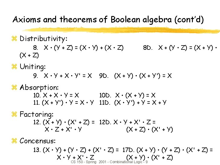 Axioms and theorems of Boolean algebra (cont’d) z Distributivity: 8. X • (Y +