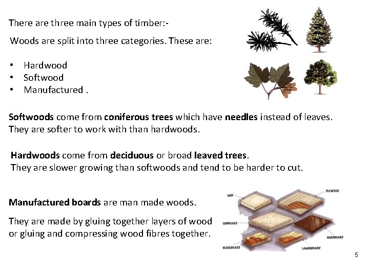 There are three main types of timber: Woods are split into three categories. These