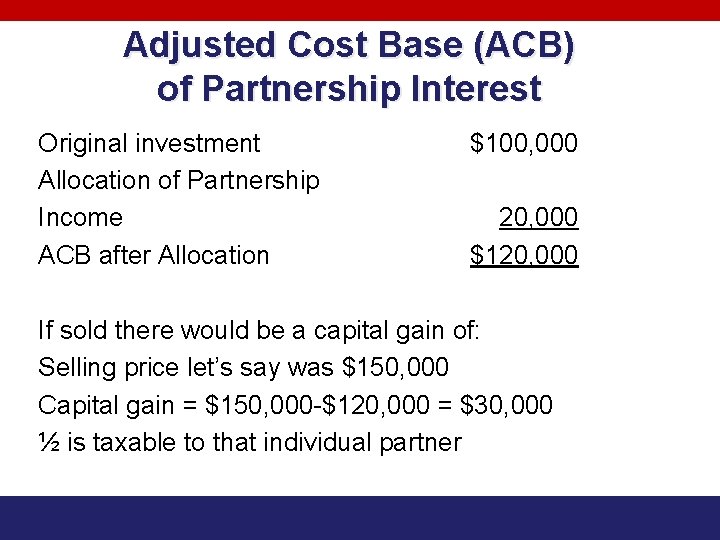 Adjusted Cost Base (ACB) of Partnership Interest Original investment Allocation of Partnership Income ACB