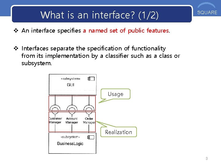 What is an interface? (1/2) OOS SQUARE v An interface specifies a named set