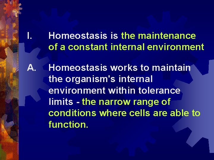 I. Homeostasis is the maintenance of a constant internal environment A. Homeostasis works to