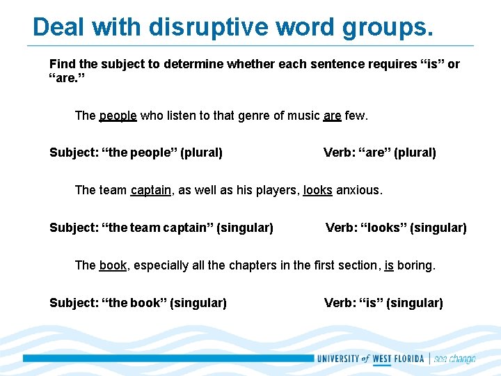 Deal with disruptive word groups. Find the subject to determine whether each sentence requires