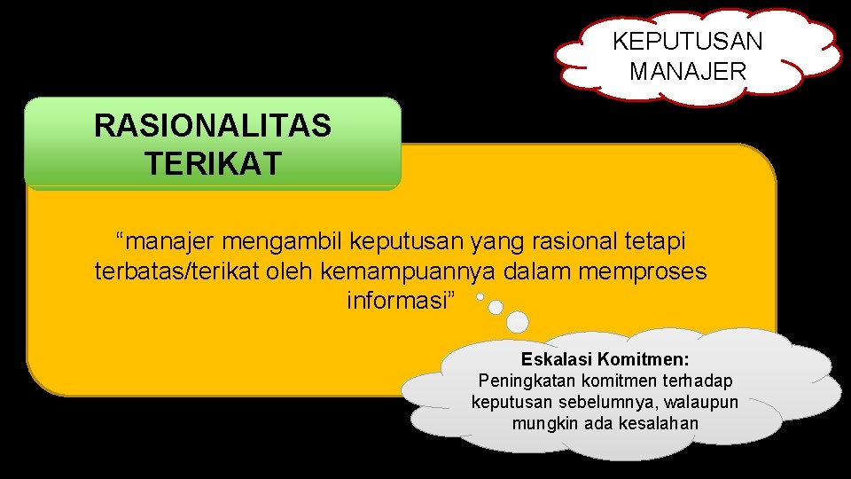 KEPUTUSAN MANAJER RASIONALITAS TERIKAT “manajer mengambil keputusan yang rasional tetapi terbatas/terikat oleh kemampuannya dalam