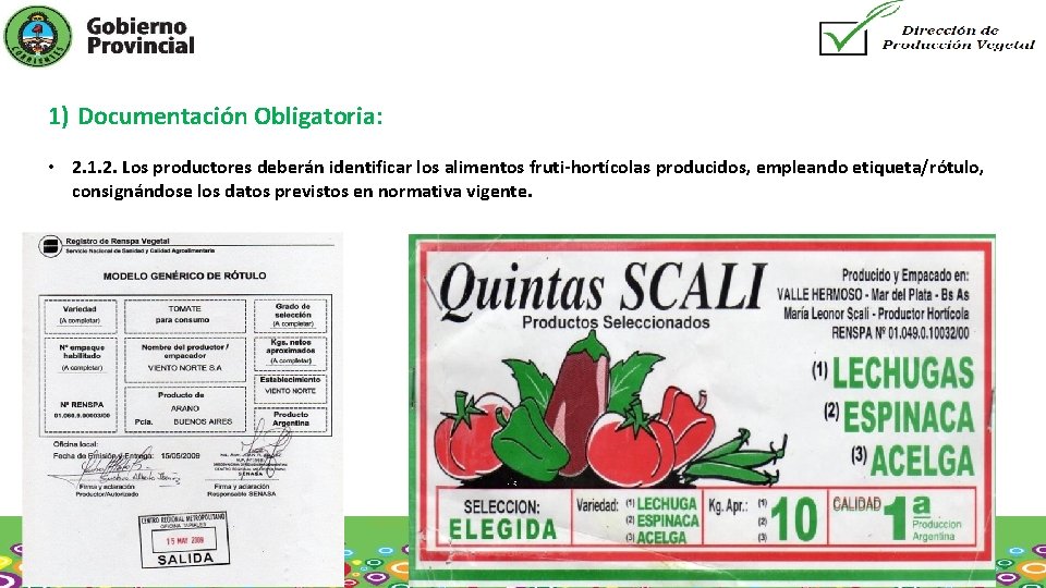 1) Documentación Obligatoria: • 2. 1. 2. Los productores deberán identificar los alimentos fruti-hortícolas