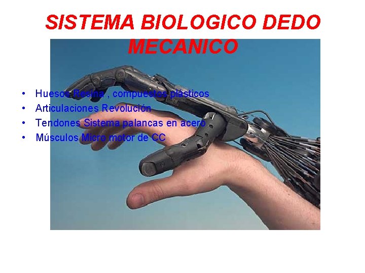 SISTEMA BIOLOGICO DEDO MECANICO • • Huesos Resina , compuestos plásticos Articulaciones Revolución Tendones