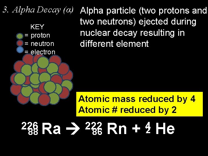 3. Alpha Decay (α) Alpha particle (two protons and two neutrons) ejected during KEY