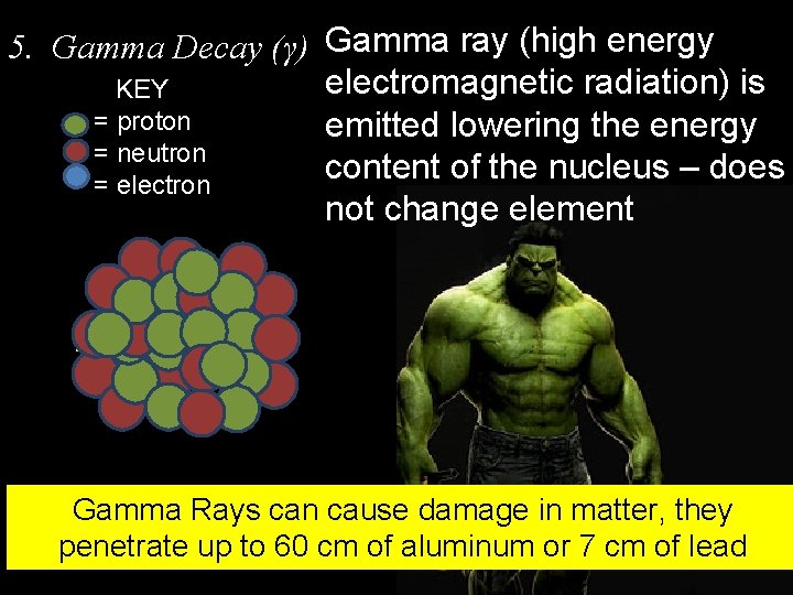 5. Gamma Decay (γ) Gamma ray (high energy electromagnetic radiation) is KEY = proton