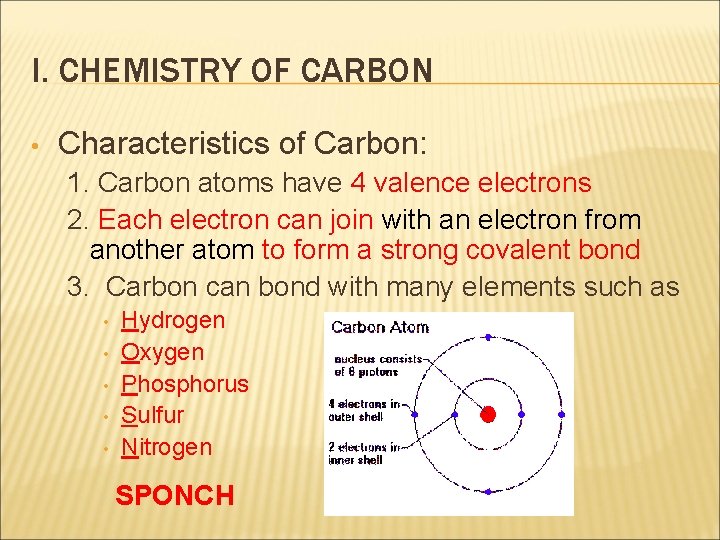 I. CHEMISTRY OF CARBON • Characteristics of Carbon: 1. Carbon atoms have 4 valence