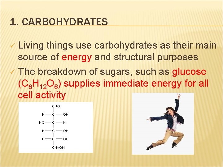 1. CARBOHYDRATES Living things use carbohydrates as their main source of energy and structural