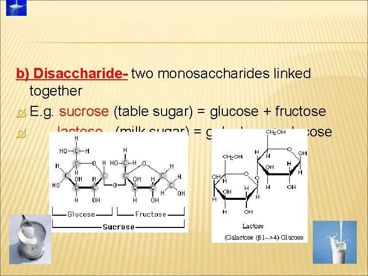 b) Disaccharide- two monosaccharides linked together E. g. sucrose (table sugar) = glucose +