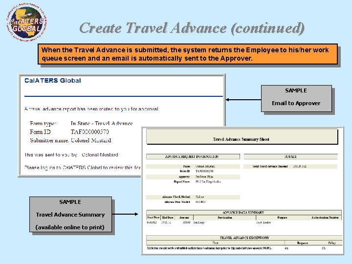 Create Travel Advance (continued) When the Travel Advance is submitted, the system returns the