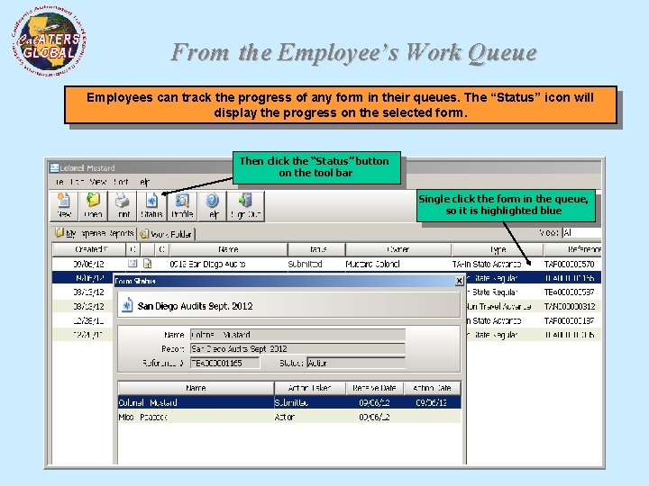 From the Employee’s Work Queue Employees can track the progress of any form in