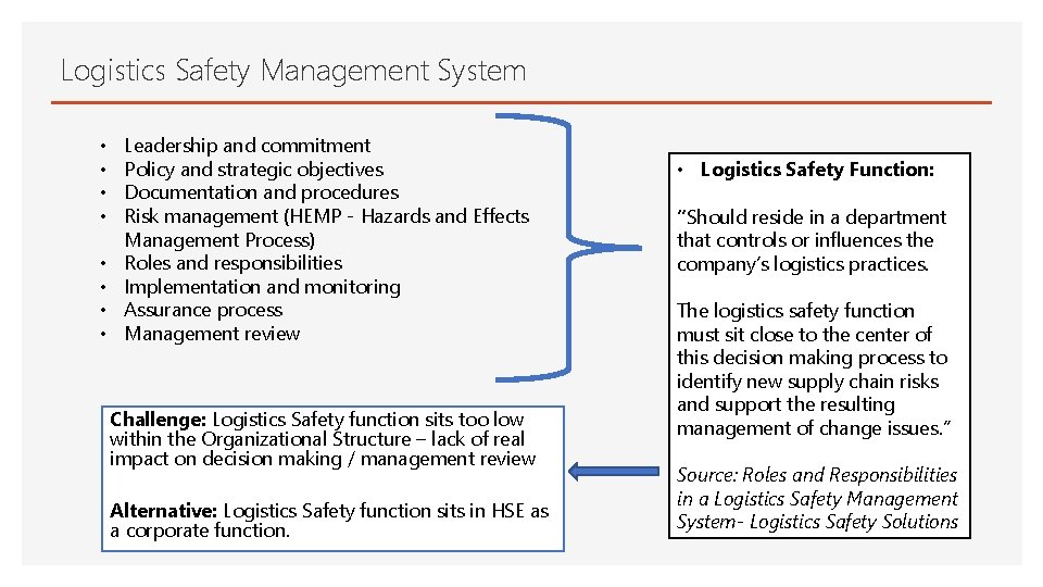 Logistics Safety Management System • • Leadership and commitment Policy and strategic objectives Documentation