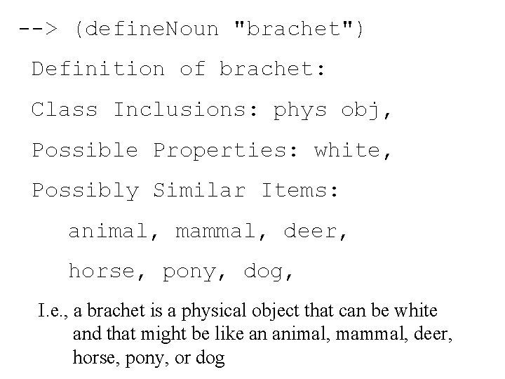 --> (define. Noun "brachet") Definition of brachet: Class Inclusions: phys obj, Possible Properties: white,