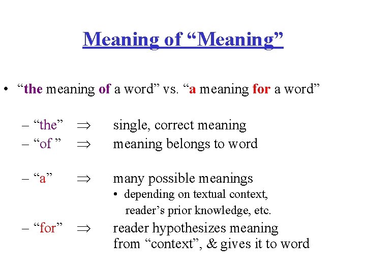 Meaning of “Meaning” • “the meaning of a word” vs. “a meaning for a
