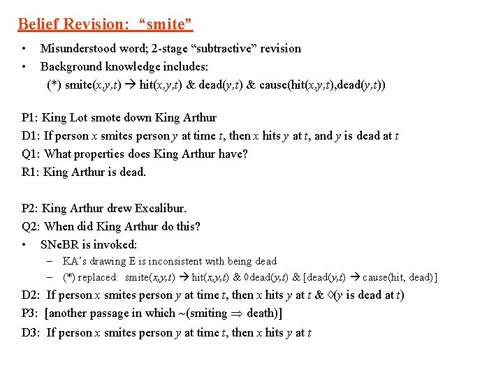 Belief Revision: “smite” • • Misunderstood word; 2 -stage “subtractive” revision Background knowledge includes: