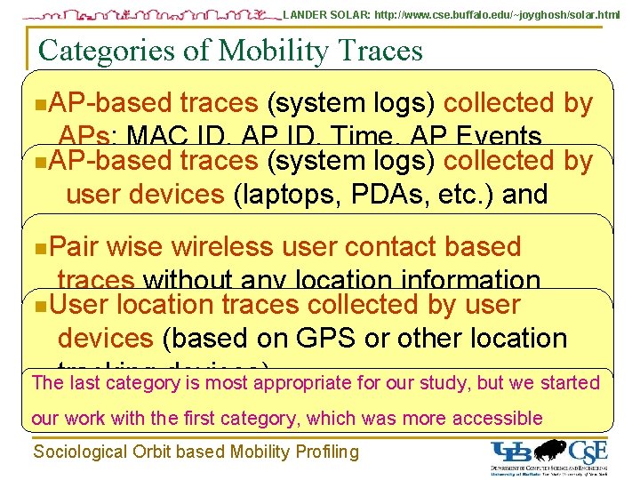 LANDER SOLAR: http: //www. cse. buffalo. edu/~joyghosh/solar. html Categories of Mobility Traces AP-based traces