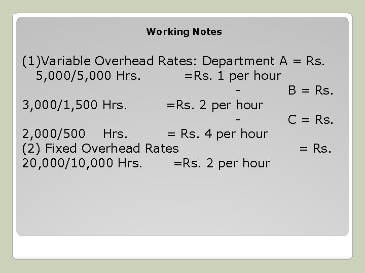 Working Notes (1)Variable Overhead Rates: Department A = Rs. 5, 000/5, 000 Hrs. =Rs.