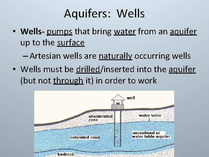 Aquifers: Wells • Wells- pumps that bring water from an aquifer up to the