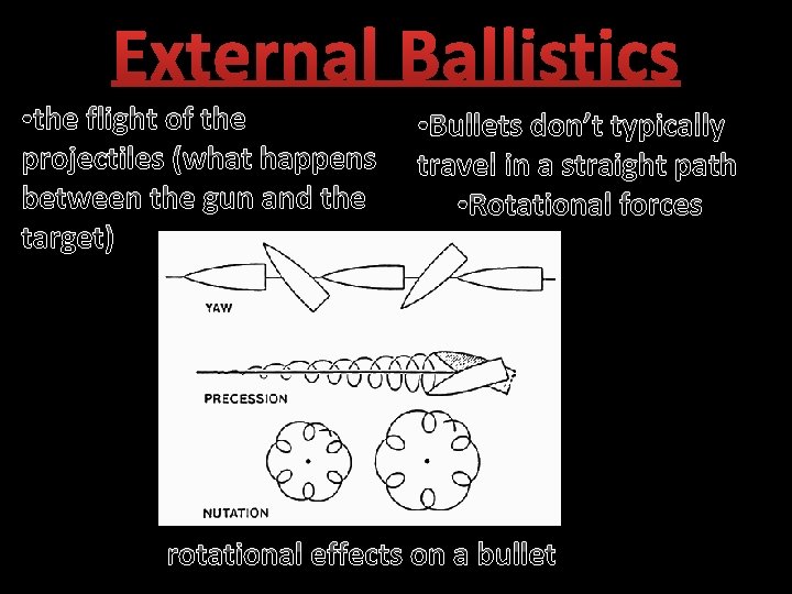 External Ballistics • the flight of the projectiles (what happens between the gun and