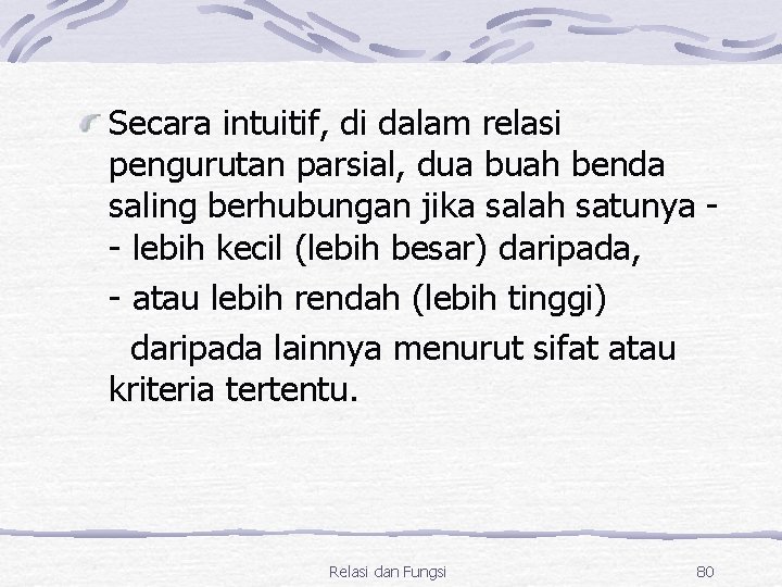 Secara intuitif, di dalam relasi pengurutan parsial, dua buah benda saling berhubungan jika salah